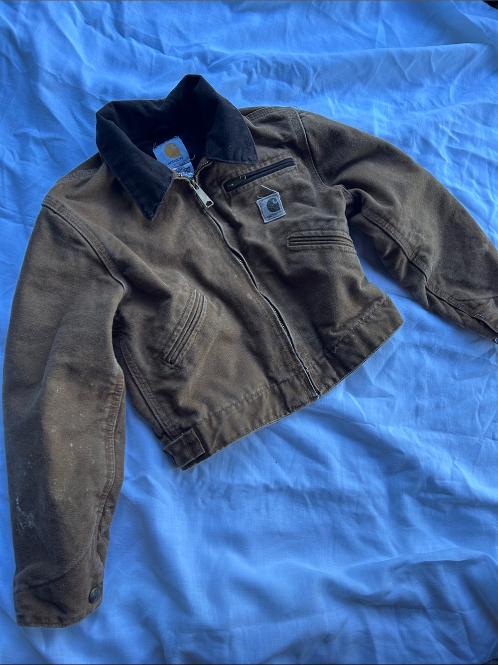 Vintage Carhartt Detroit Jacket Kids Brown Canvas with Cord Collar Chore